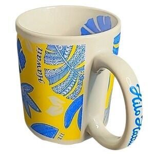 Hilo Hattie Hawaii Coffee Tea Mug 2014 Floral‎ Yellow Blue Palm Leaves